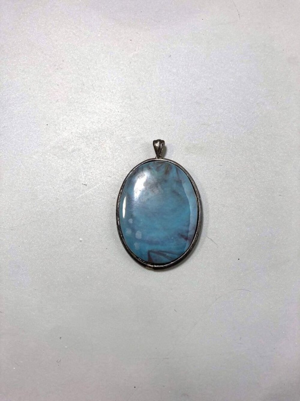 Vintage 1970s Silver Plated Backed Polished Larimar Stone Pendant